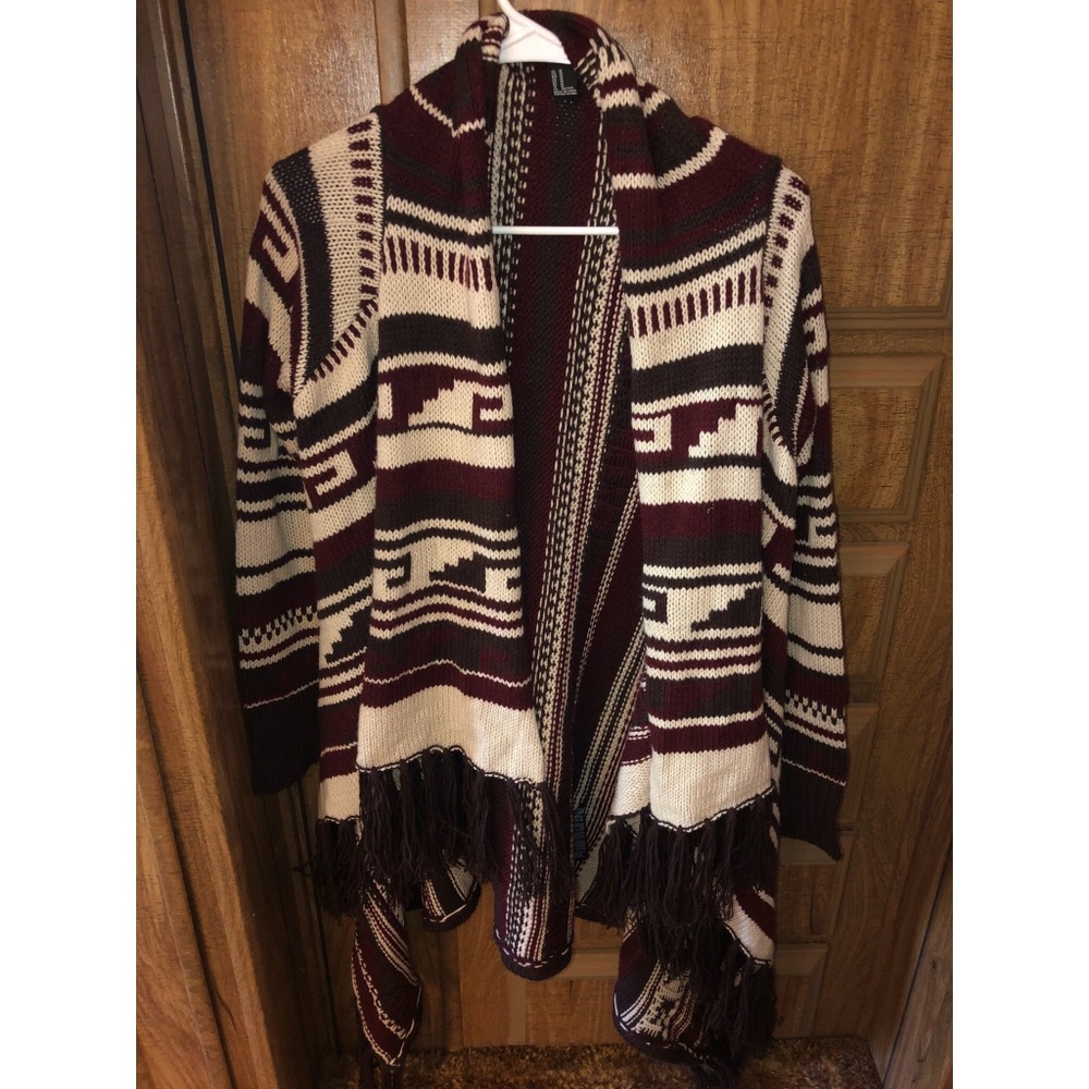 Wine Red and beige fringe sweater